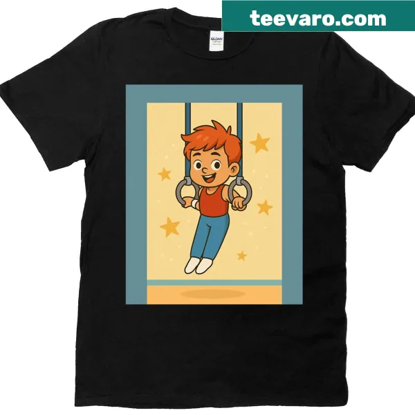 Cartoon illustration of a boy on gymnastics rings