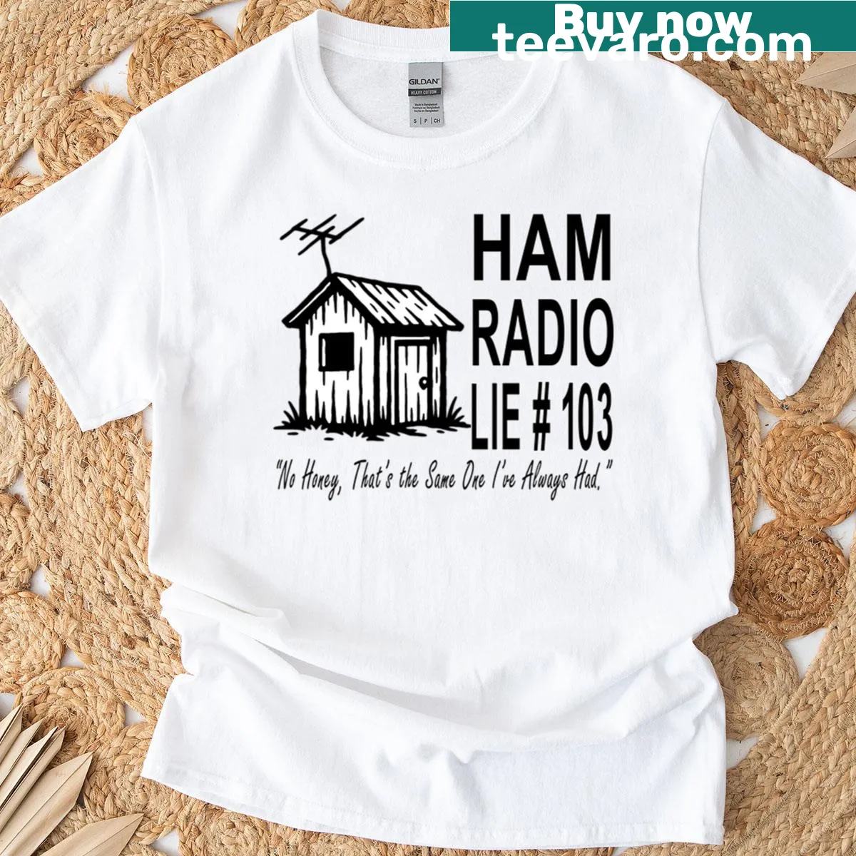 Oversized t-shirt with humorous ham radio themed design — on a men's t-shirt