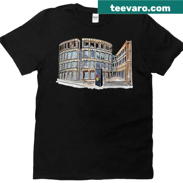 Hand-drawn ink illustration of Vancouver Public Library on T-shirt