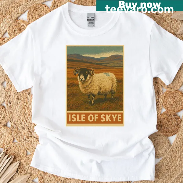 Vintage travel poster t-shirt featuring Highland sheep on the Isle of Skye