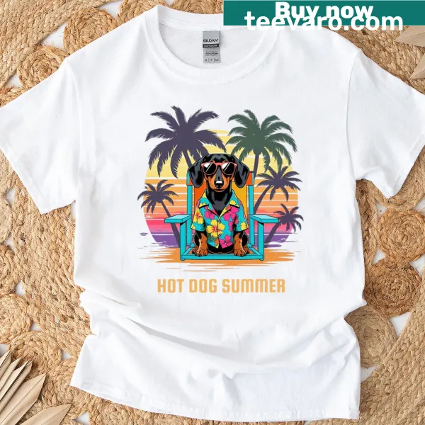 Retro dachshund graphic with a humorous hot dog theme