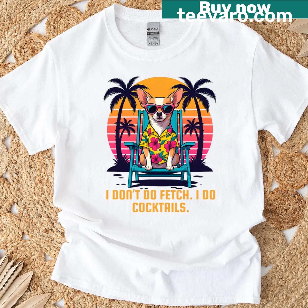 Funny Chihuahua t-shirt with cocktails theme — on a men's t-shirt