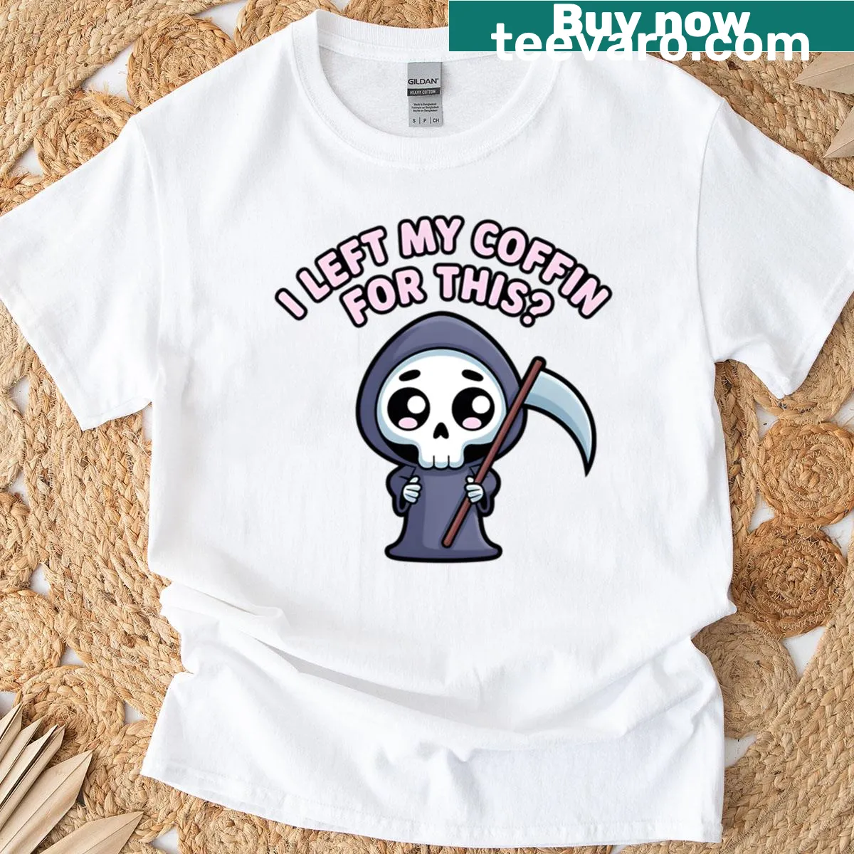 Cute grim reaper t-shirt with playful design — on a men's t-shirt