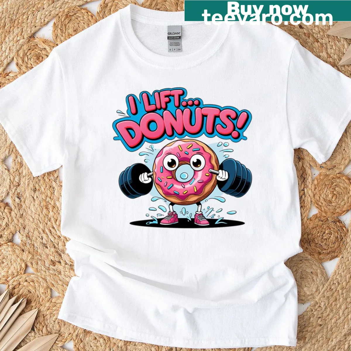 Funny gym motivation t-shirt with tacos and donuts theme — on a men's t-shirt