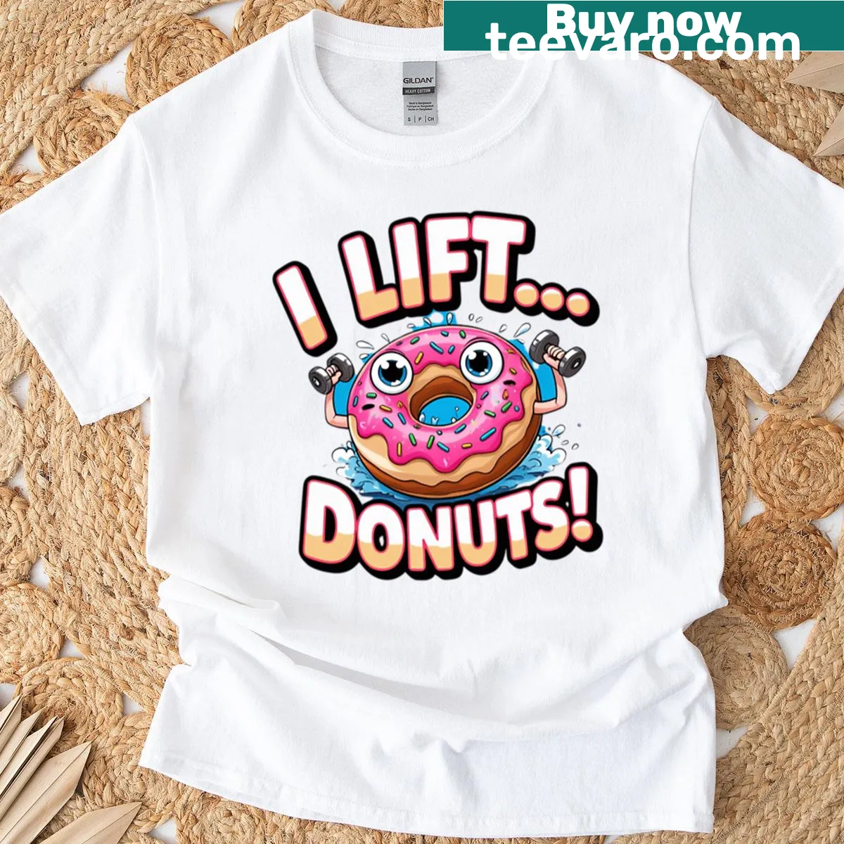 Funny fitness t-shirt with donut and taco design — on a men's t-shirt