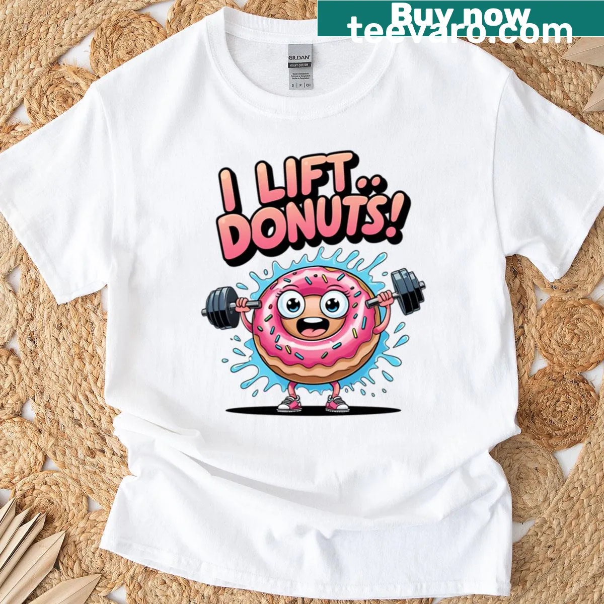 Funny gym motivation t-shirt featuring donuts — on a men's t-shirt