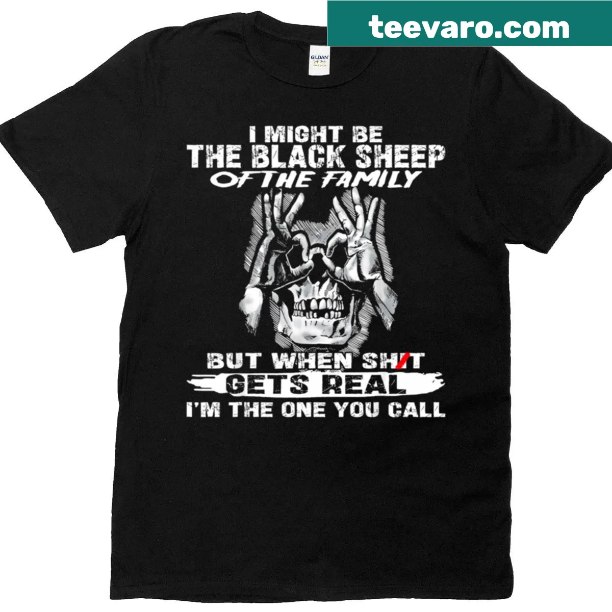 Funny skull graphic with text about being the black sheep — on a men's t-shirt