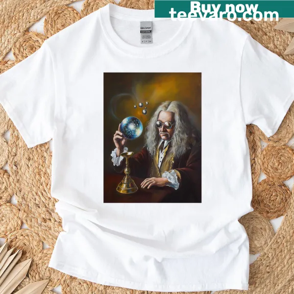 Illustration of Isaac Newton as a stargazer on a t-shirt