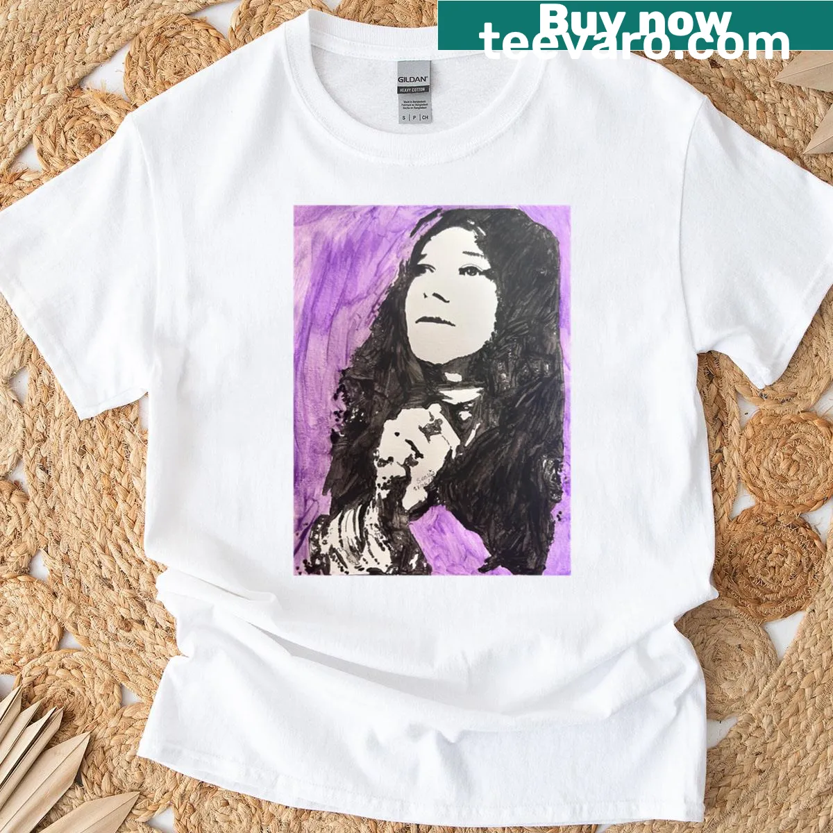 Oversized vintage-style T-shirt featuring Janis Joplin with 'Purple Vulnerability' text — on a men's t-shirt