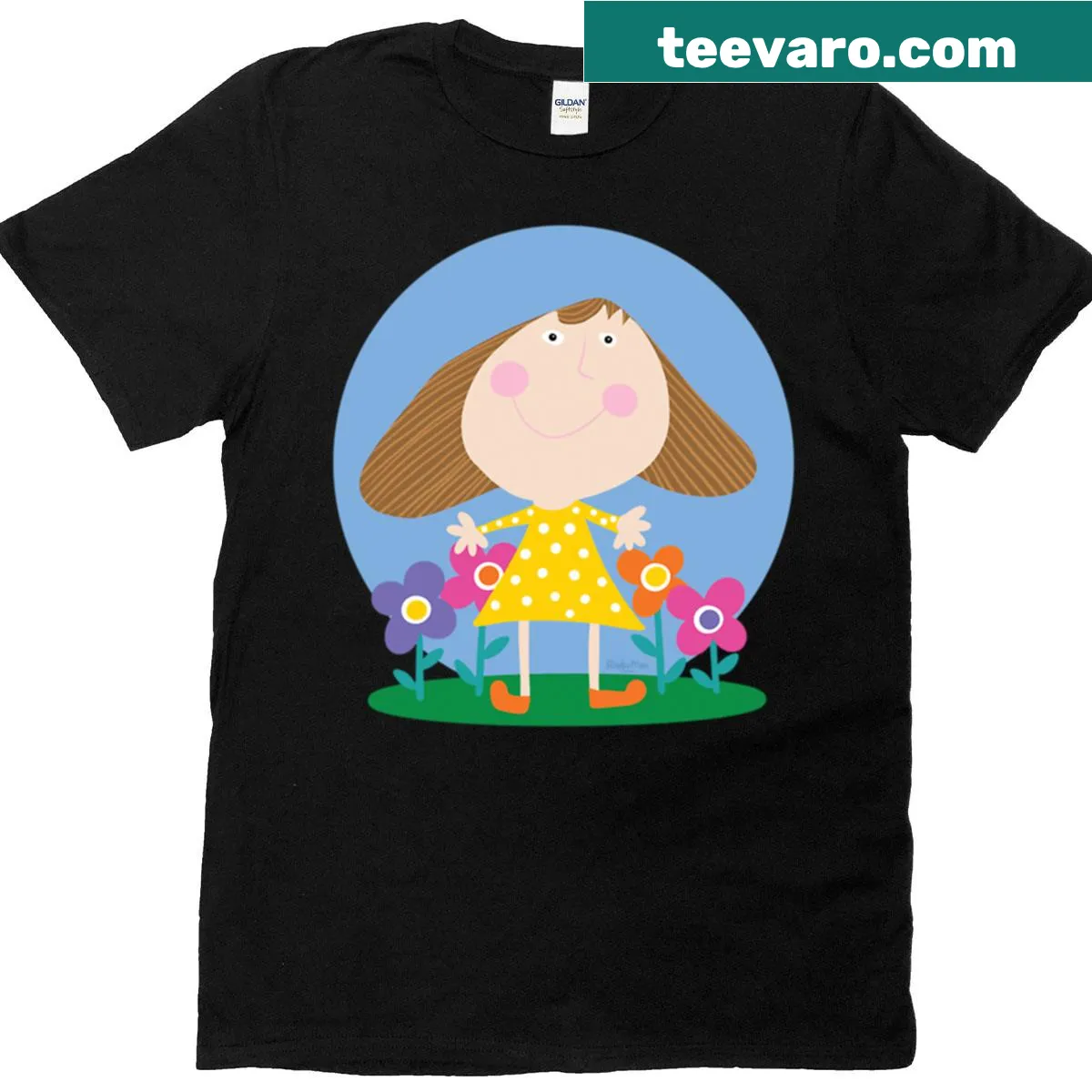 T-shirt featuring an illustration of Jessica in a garden — on a men's t-shirt