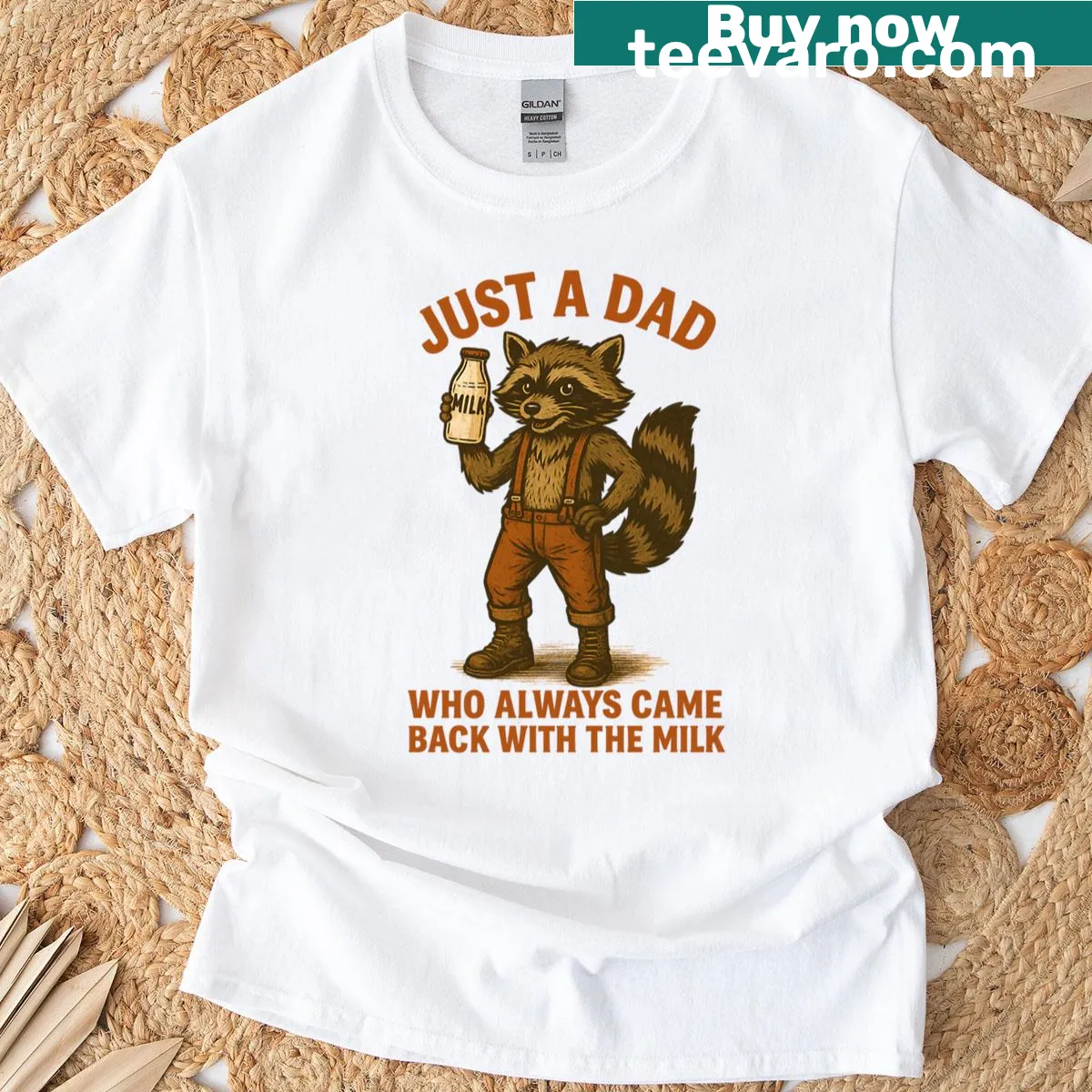 Funny T-shirt for dads with a raccoon and the phrase about bringing milk — on a men's t-shirt