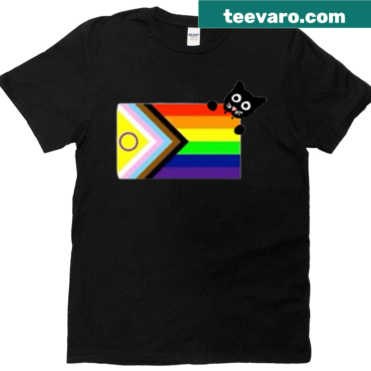 Pride-themed t-shirt featuring a cat design and progress flag elements — on a men's t-shirt