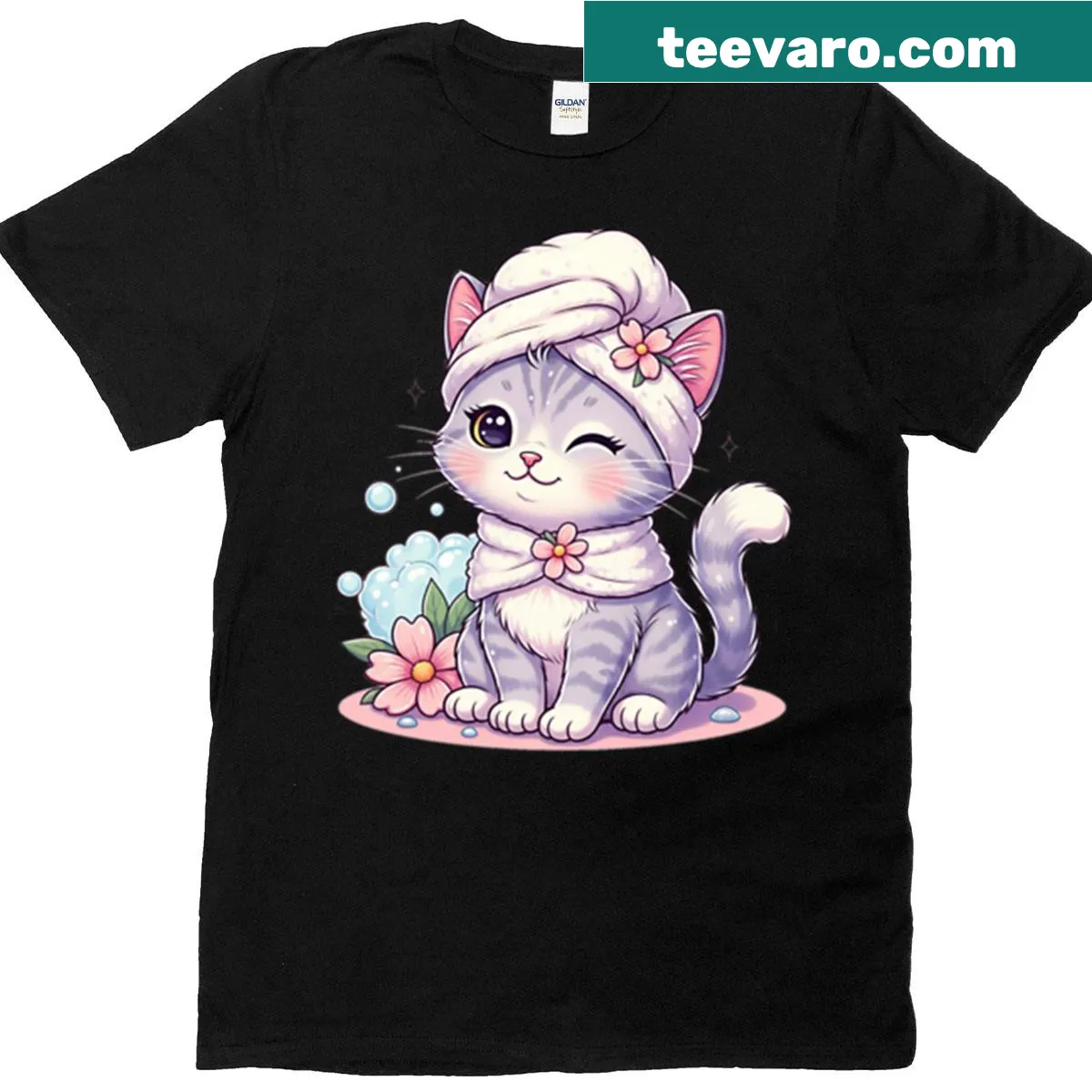 T-shirt featuring a cute graphic of a cat at a spa — on a men's t-shirt