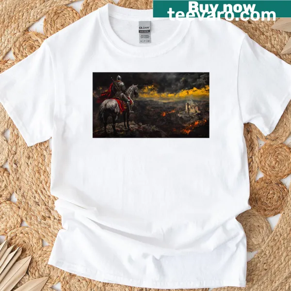 Medieval knight illustration on a t-shirt with a burning castle