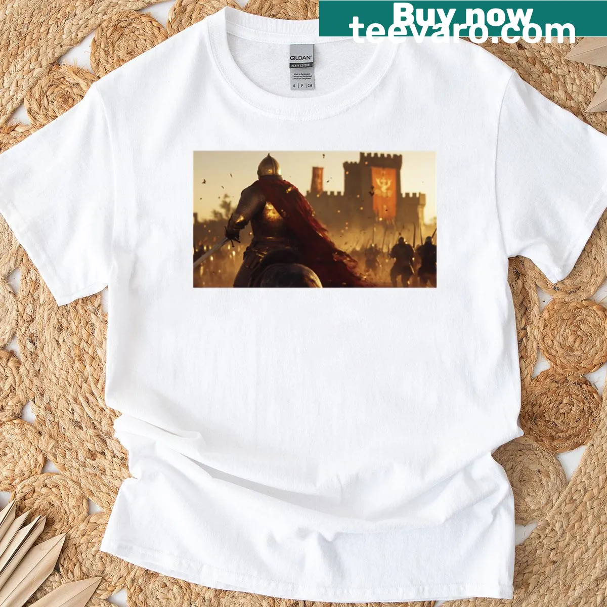 Golden battle scene with a knight leading a charge before a castle — on a men's t-shirt