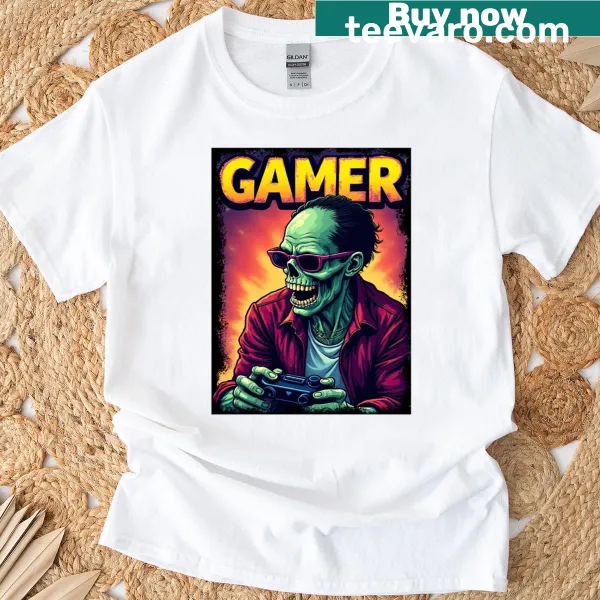 Funny gaming t-shirt with a cartoon zombie in sunglasses