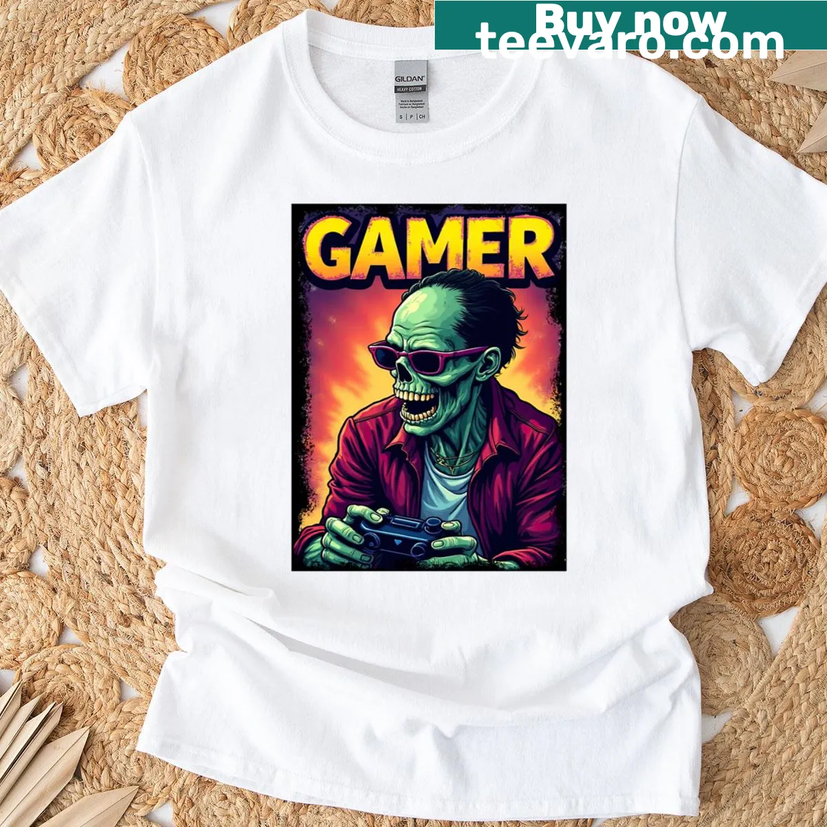 Funny gaming t-shirt with a cartoon zombie in sunglasses — on a men's t-shirt