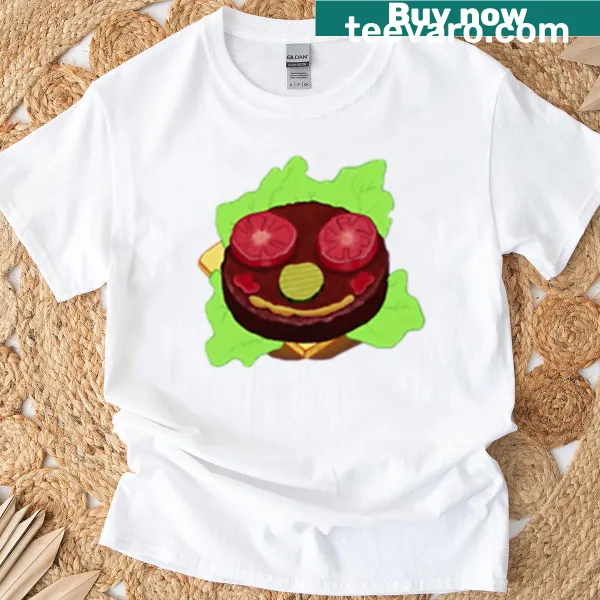 Cartoon-style Krabby Patty graphic on a playful t-shirt