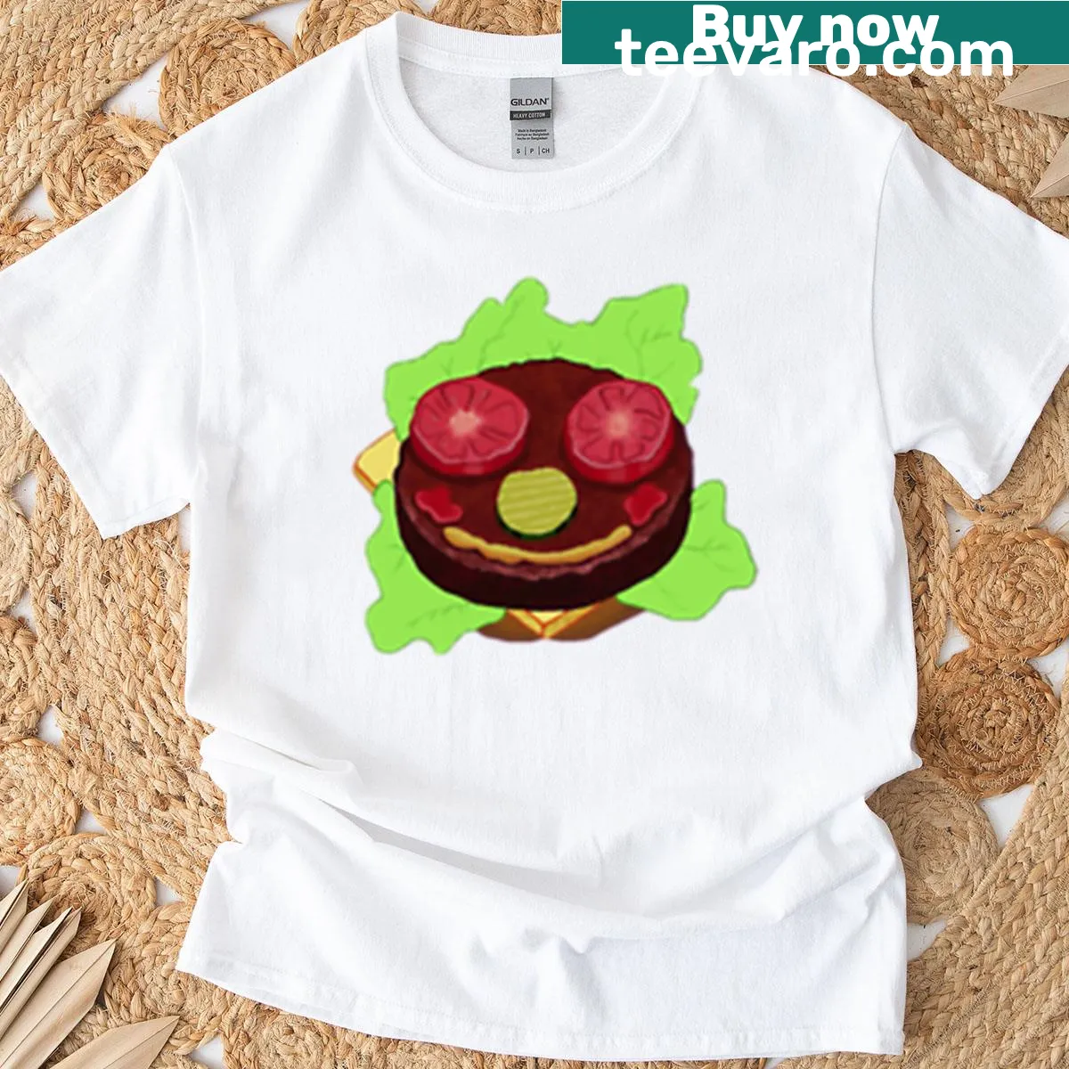 Cartoon-style Krabby Patty graphic on a playful t-shirt — on a men's t-shirt