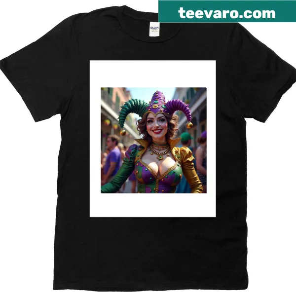 Large print t-shirt of a female jester for Mardi Gras