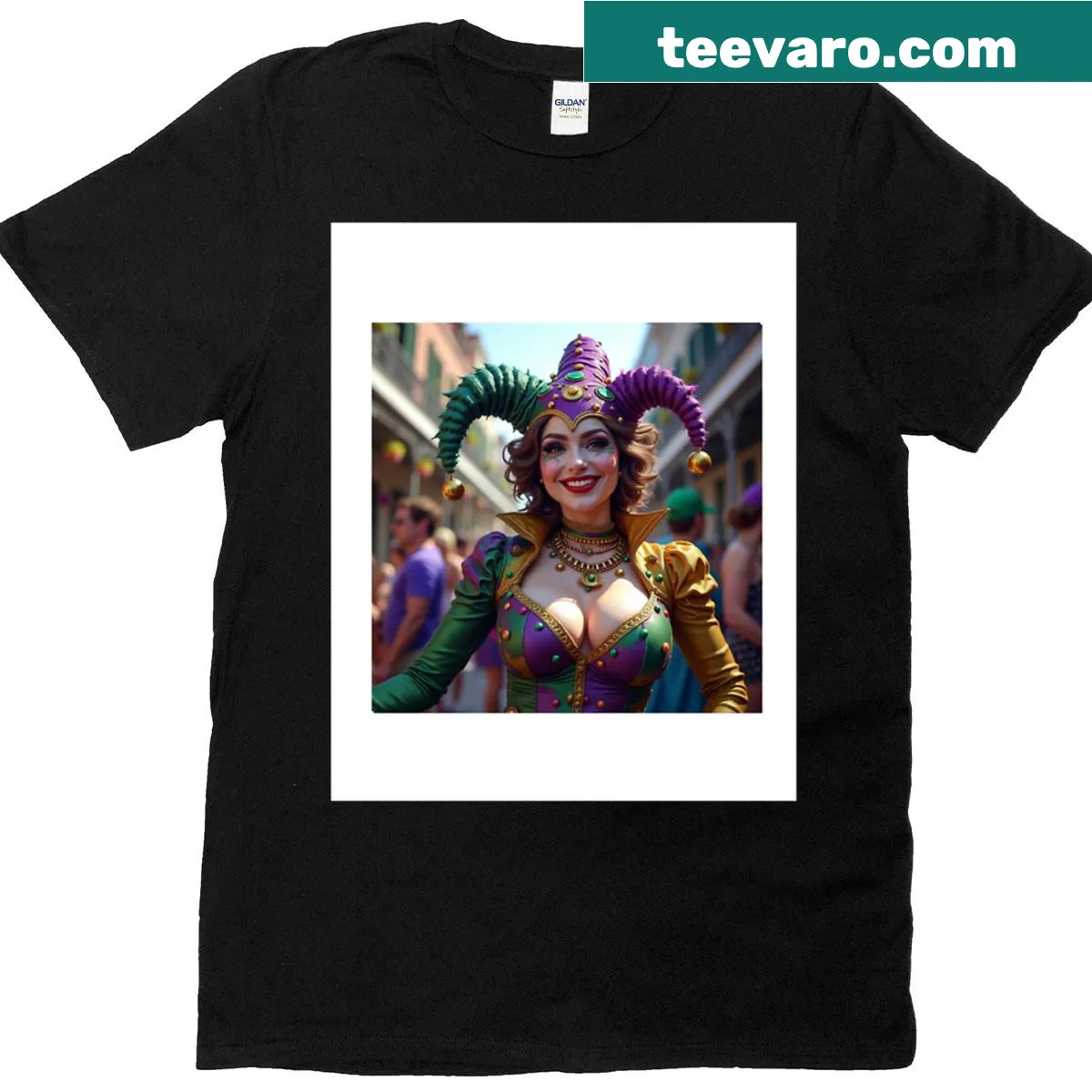 Large print t-shirt of a female jester for Mardi Gras — on a men's t-shirt