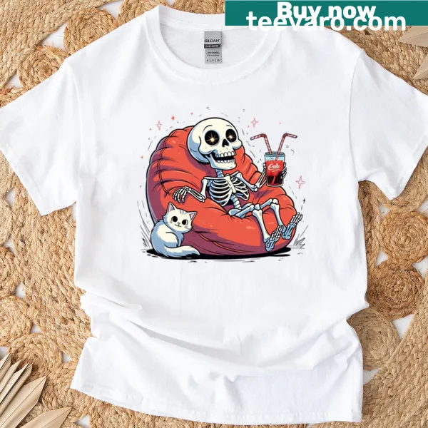Cartoon of a laughing skeleton in a beanbag chair on a t-shirt