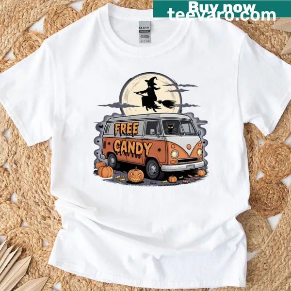 Halloween tee with a creepy candy van and the phrase Let's Take Candy From Strangers