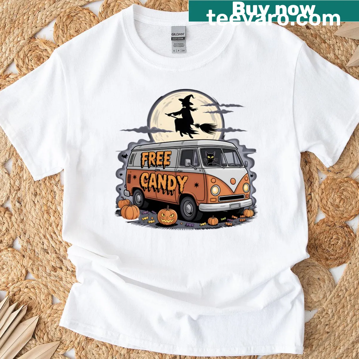 Halloween tee with a creepy candy van and the phrase Let's Take Candy From Strangers — on a men's t-shirt