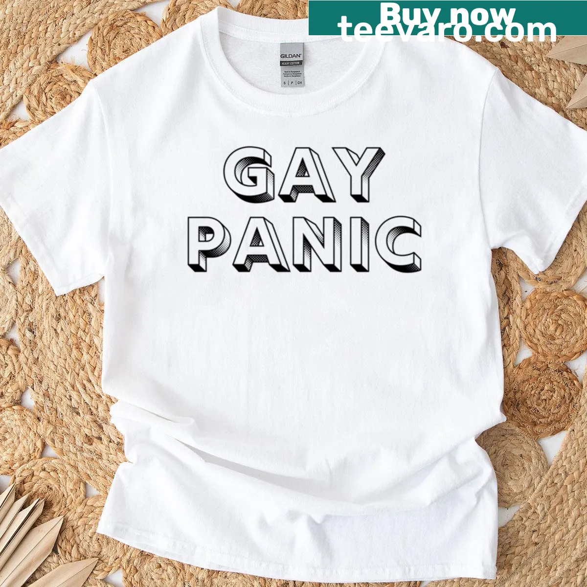 Bold t-shirt with capital letters stating 'Gay Panic' — on a men's t-shirt