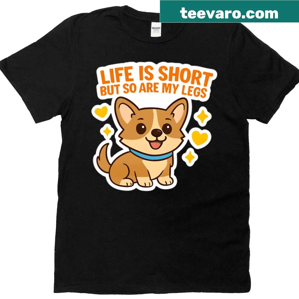 Corgi sticker design with the phrase 'Life Is Short' on a premium T-shirt — on a men's t-shirt