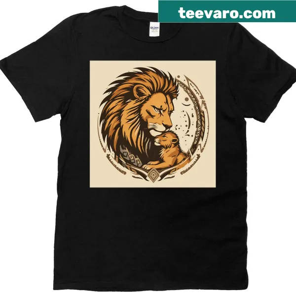 Illustration of a lion father caring for his cub on an oversized T-shirt