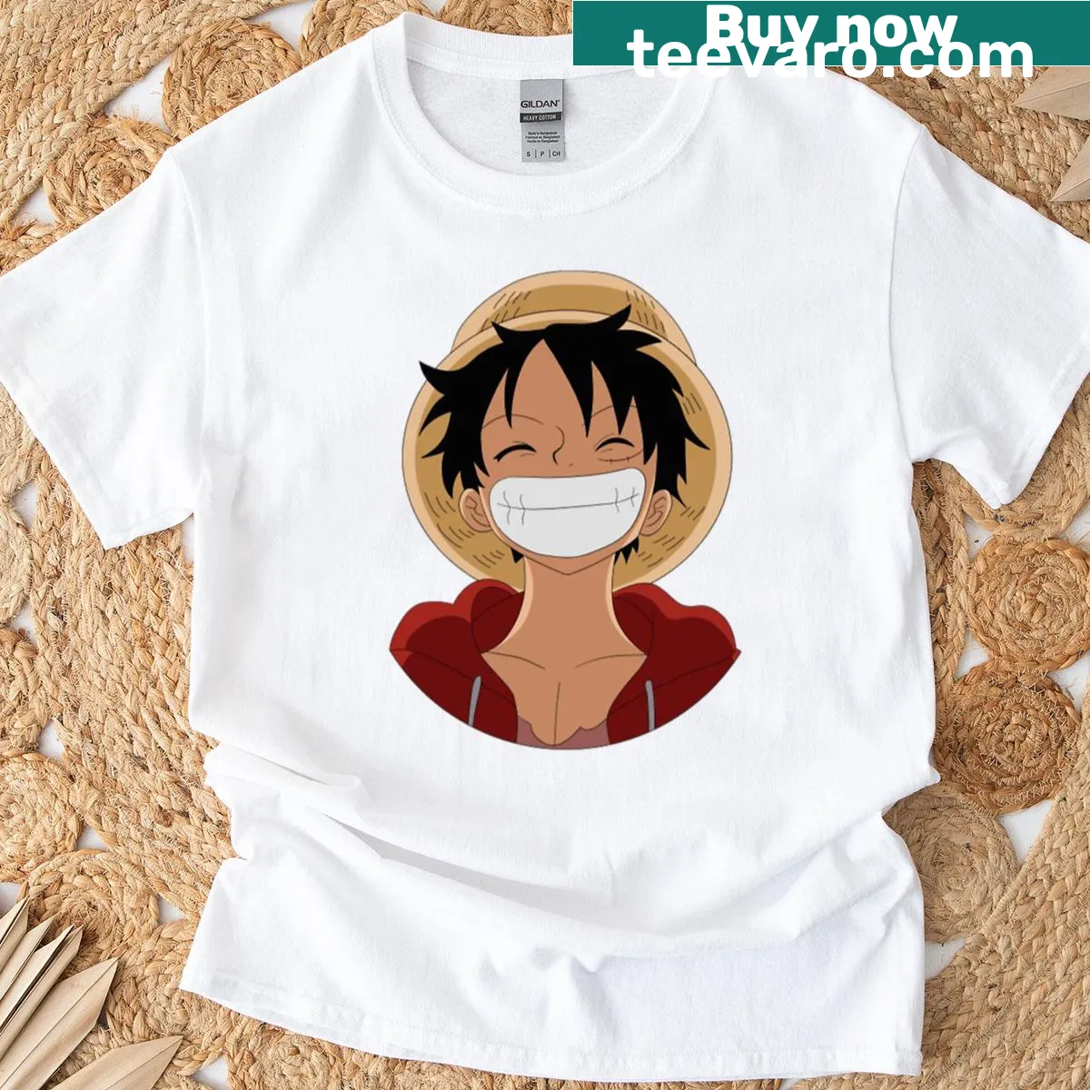 Joyful depiction of Luffy's smile from One Piece on a t-shirt — on a men's t-shirt