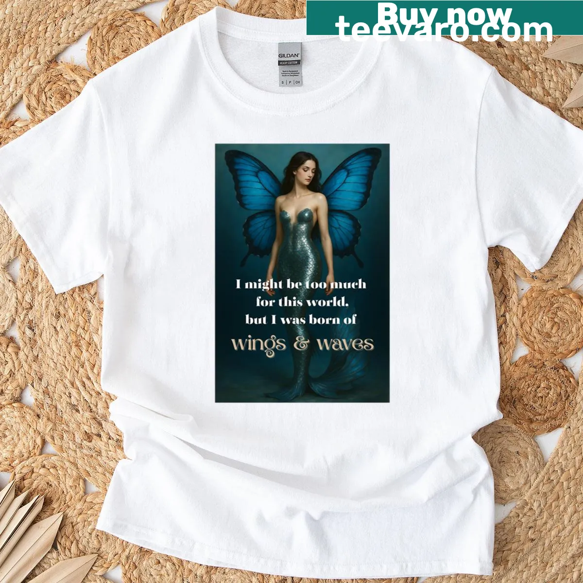 Whimsical T-shirt with a butterfly and mermaid illustration and an uplifting quote. — on a men's t-shirt