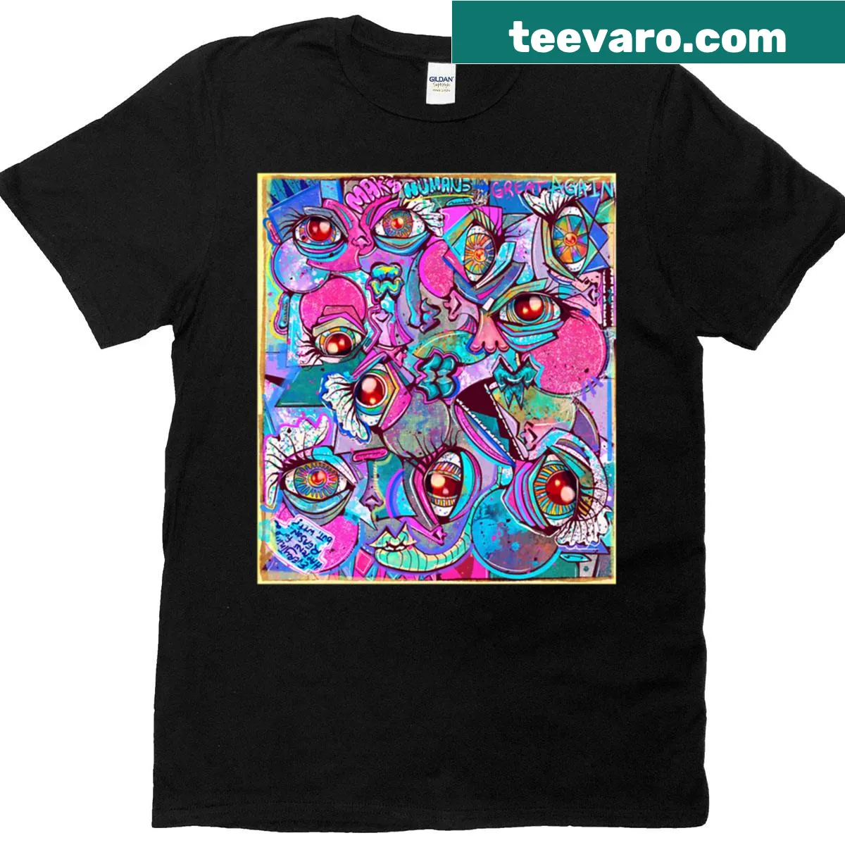 Graffiti-style cubism graphic with 'Make Humans Great Again' text — on a men's t-shirt