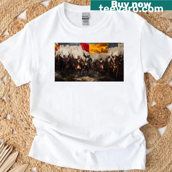 Illustration of a knight army raising a banner on a T-shirt.