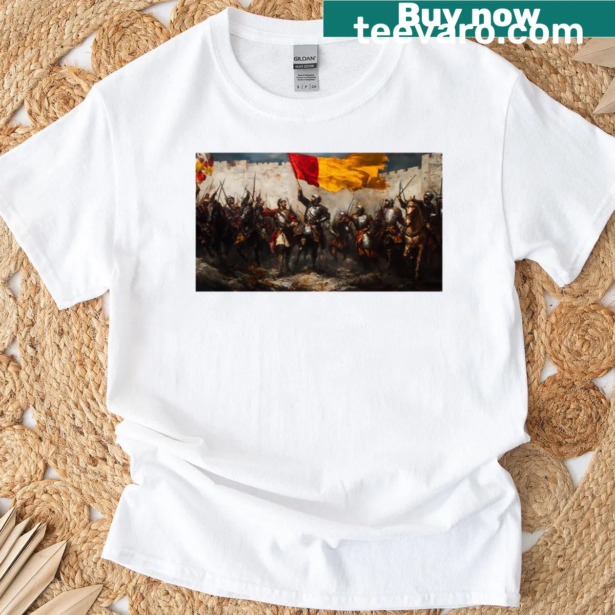 Illustration of a knight army raising a banner on a T-shirt. — on a men's t-shirt