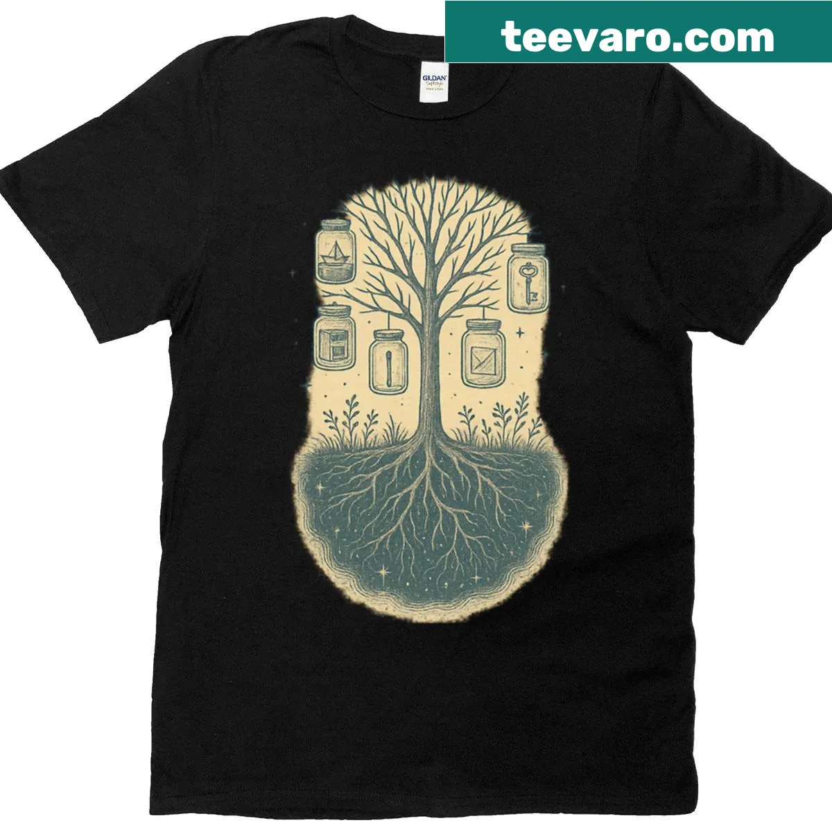 T-shirt with a serene orchard design and inspirational text — on a men's t-shirt