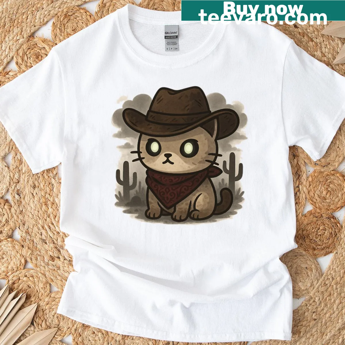 Cat in cowboy attire with 'Meowdy' text on a t-shirt — on a men's t-shirt