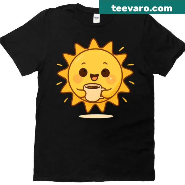 Line-art design of coffee and sun on a T-shirt