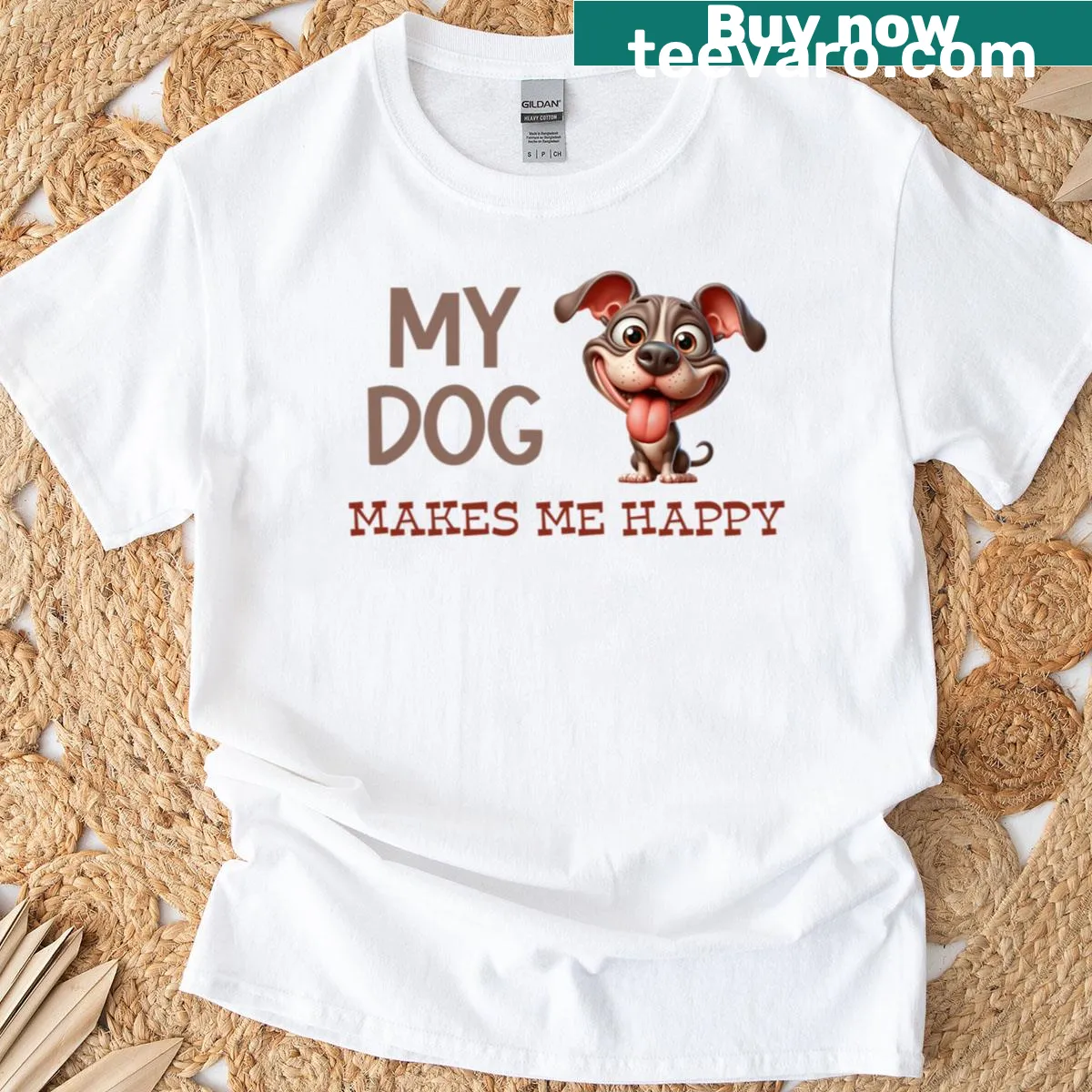 T-shirt with playful typography stating My Dog Makes Me Happy — on a men's t-shirt