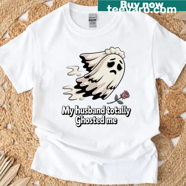 Funny Halloween shirt with ghost graphic and playful text.