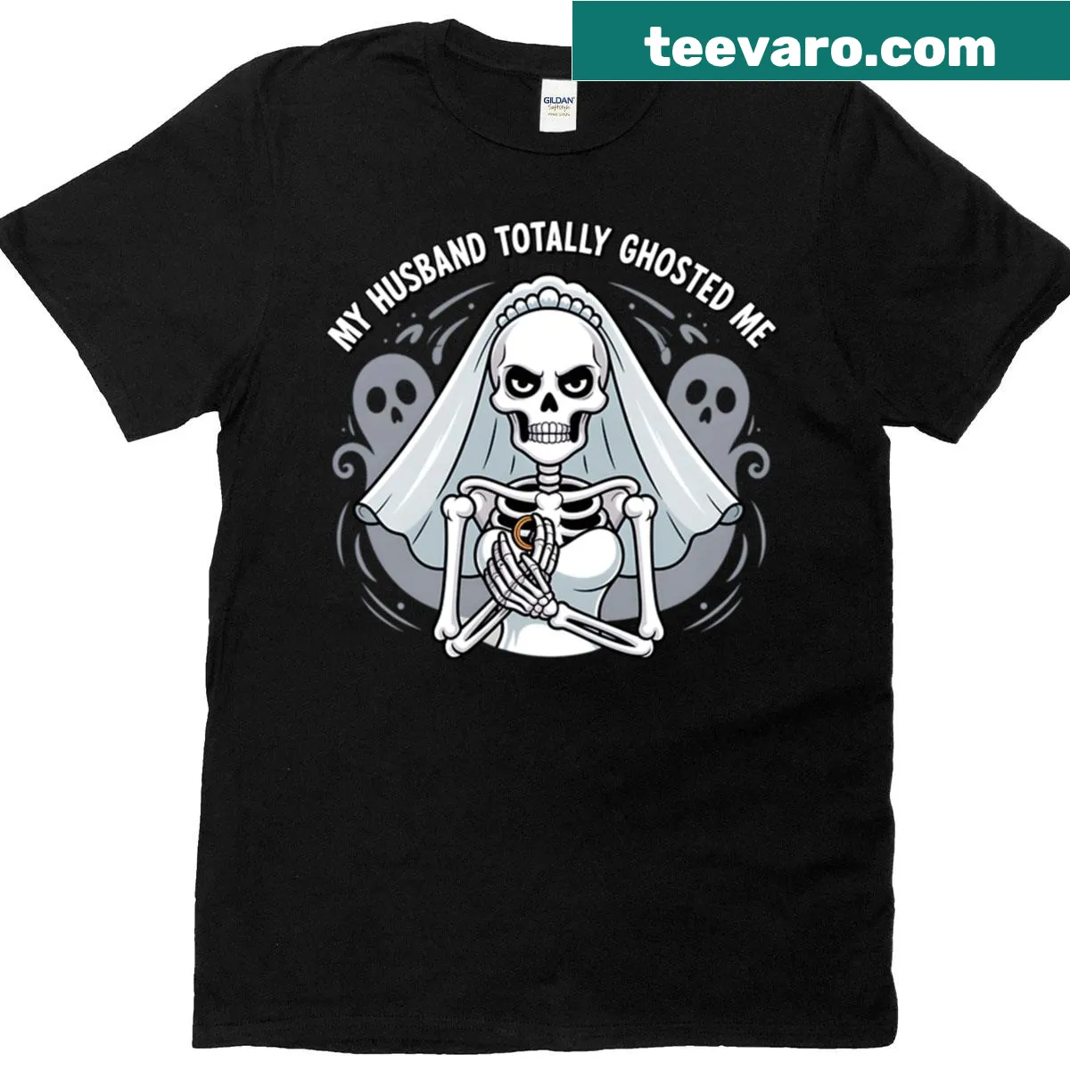 Skeleton graphic with humorous text about ghosting — on a men's t-shirt