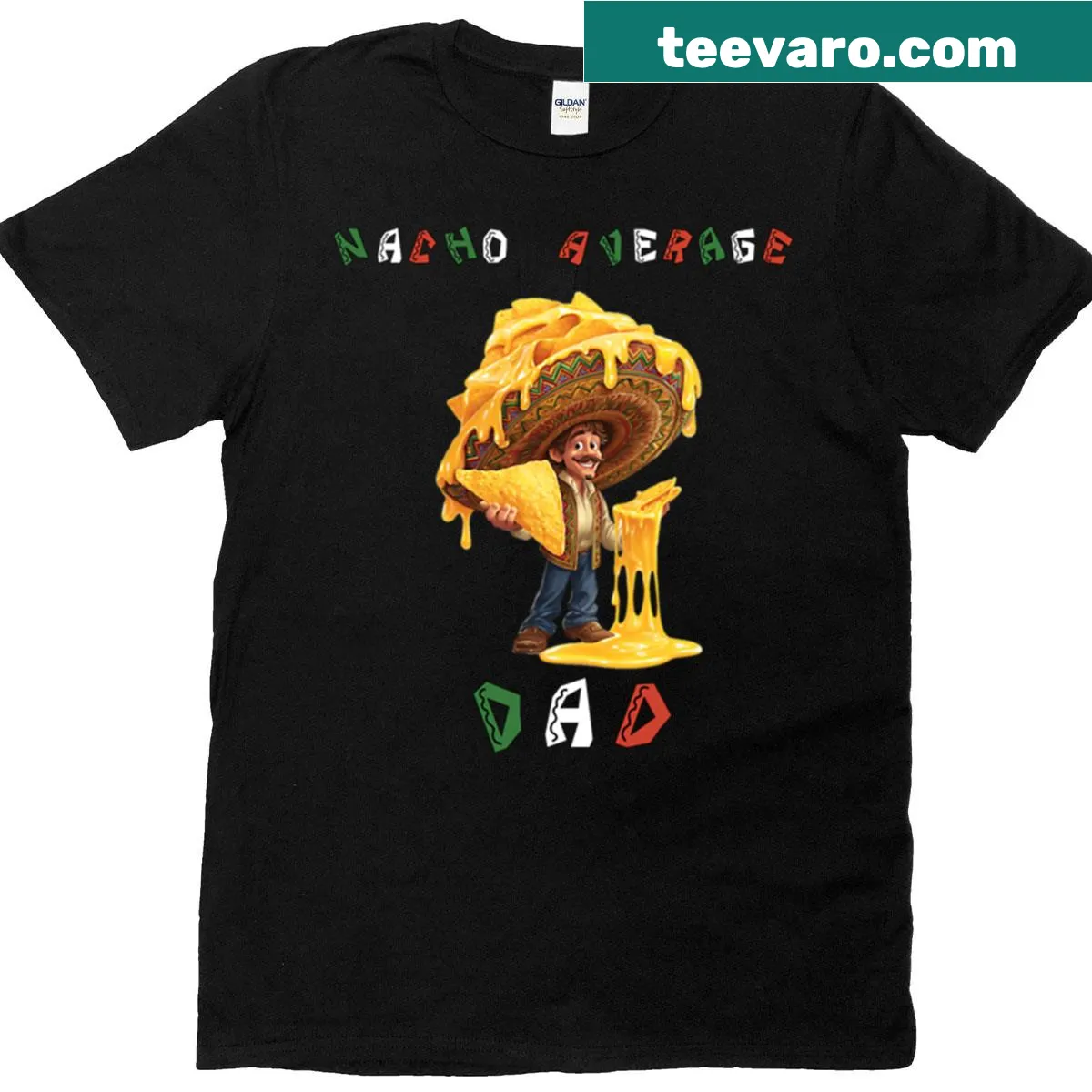 Humorous graphic tee that reads 'Nacho Average Dad' with playful design. — on a men's t-shirt