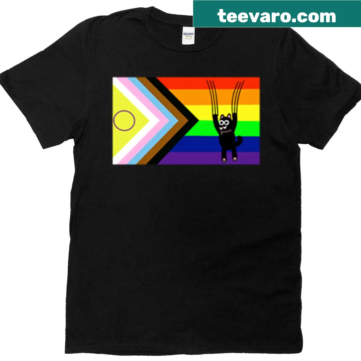 Oversized T-shirt featuring a naughty cat with the Progress Pride flag colors — on a men's t-shirt