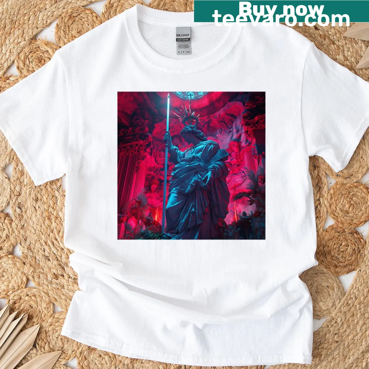 T-shirt featuring a cyberpunk saint with a staff illustration — on a men's t-shirt
