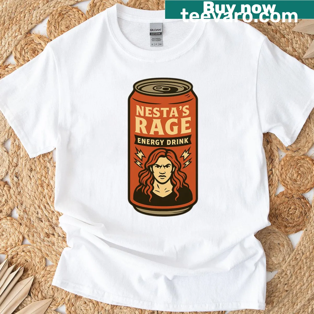 T-shirt inspired by Nestas Rage Energy Drink design — on a men's t-shirt