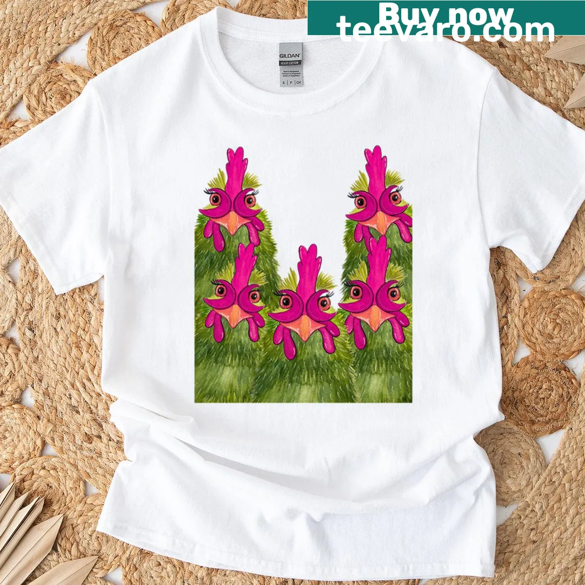 T-shirt featuring playful graphic of nosey hens — on a men's t-shirt