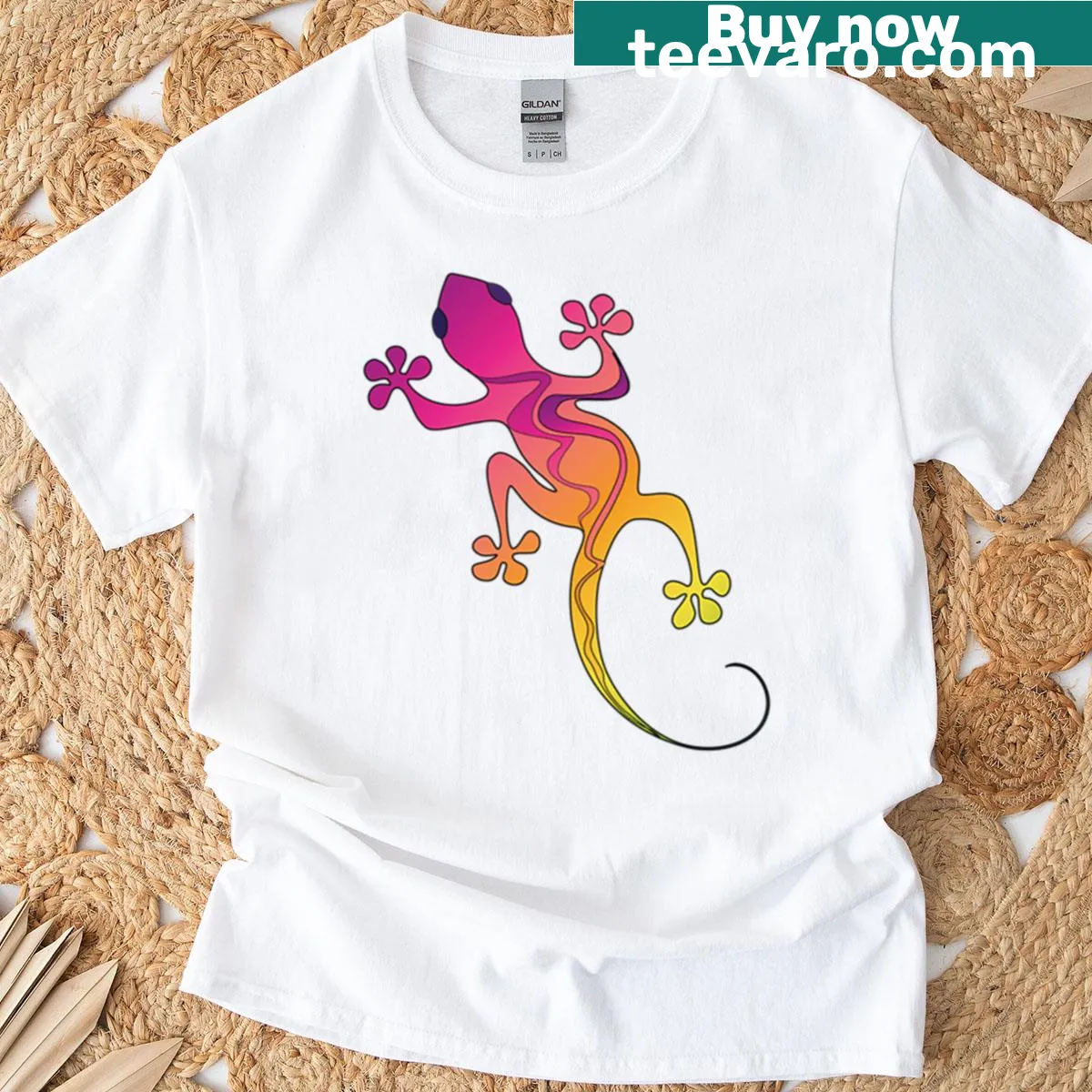 Playful T-shirt featuring colorful groovy gecko illustration — on a men's t-shirt