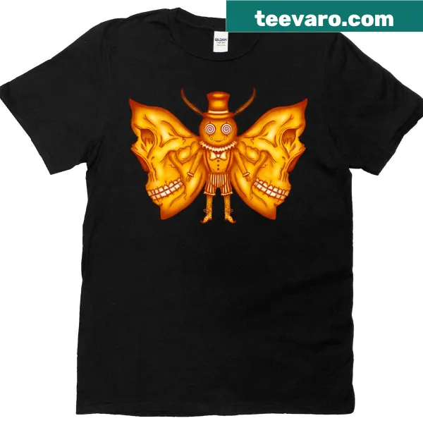 Skull moth graphic with circus elements on T-shirt