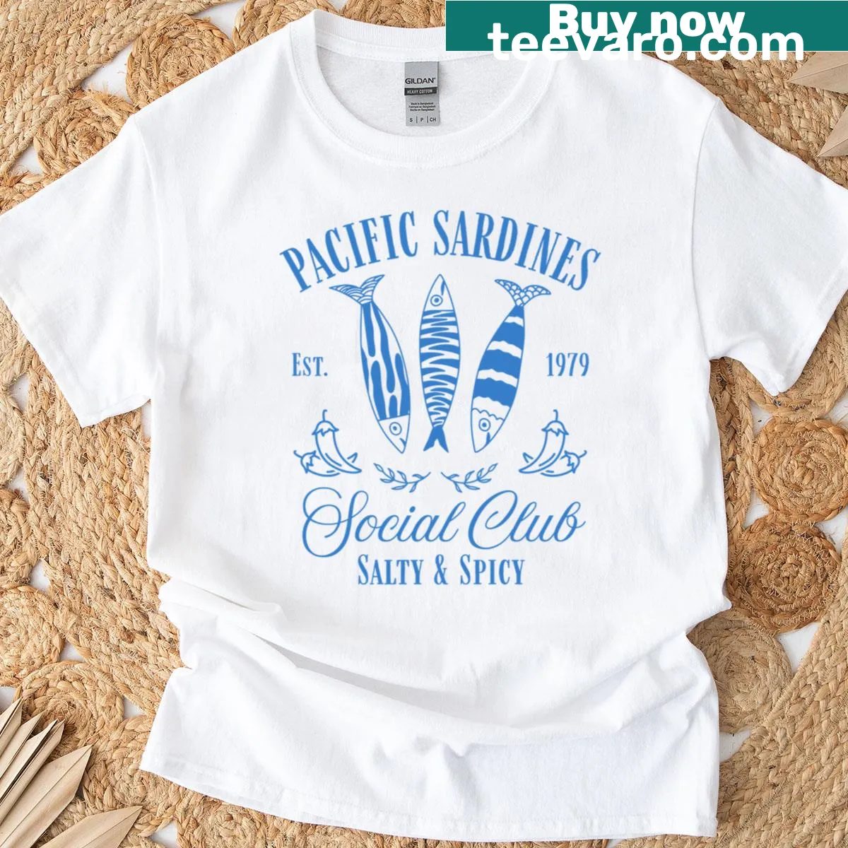 Vintage-style t-shirt featuring Pacific Sardines Social Club design — on a men's t-shirt
